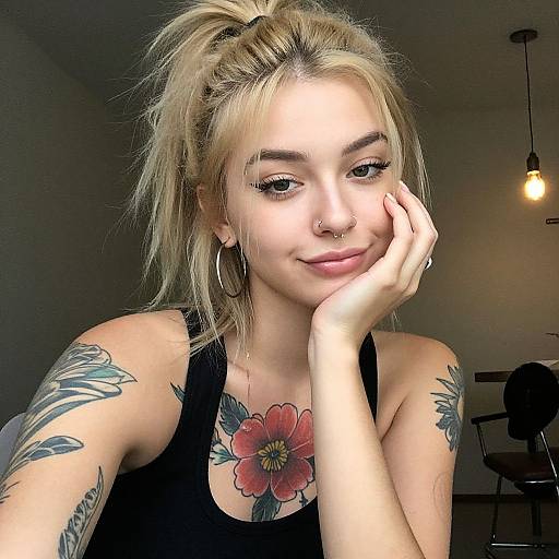 Photograph of a blonde woman with a ponytail, nose ring, hoop earrings, black tank top, floral tattoo on chest, arm tattoos, resting