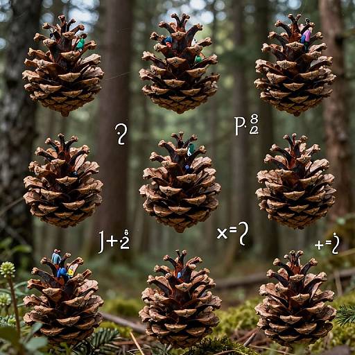 Photograph of nine pine cones in a forest, each with a small blue and green toy figure inside, labeled with math symbols +, -, x,