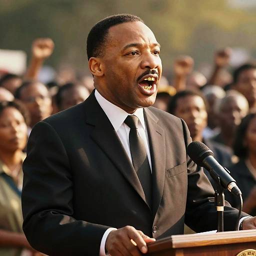 Photograph of Barack Obama in a black suit, white shirt, and black tie, passionately speaking at an outdoor rally, microphone in hand, with a