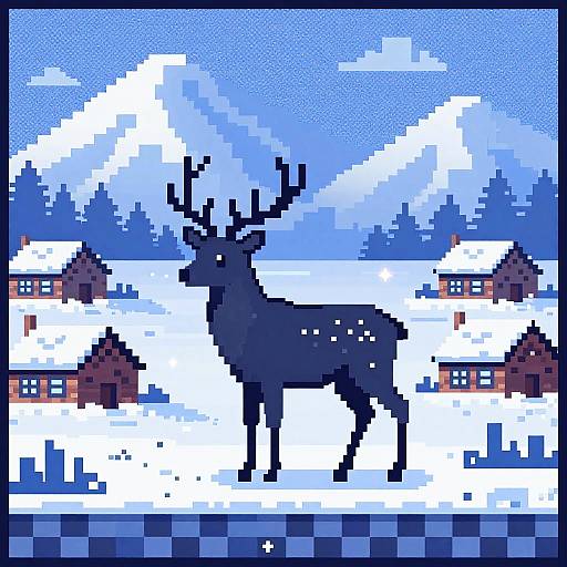 Pixel art of a dark blue stag with antlers in a snowy village, surrounded by snow-covered houses and blue mountains.