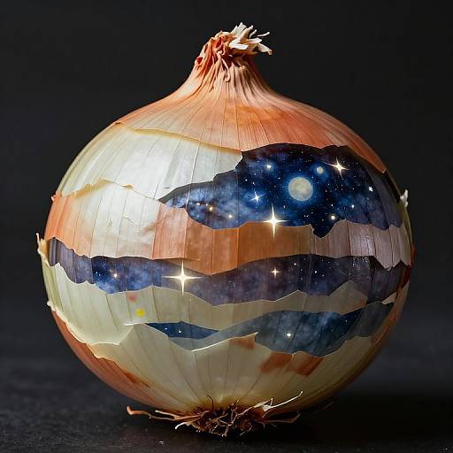Photograph of a onion with a painted American flag design, featuring stars and stripes, against a dark background.