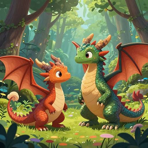 Colorful digital illustration of two cartoon dragons, one red and one green, standing in a sunlit, enchanted forest with vibrant flowers and towering trees.
