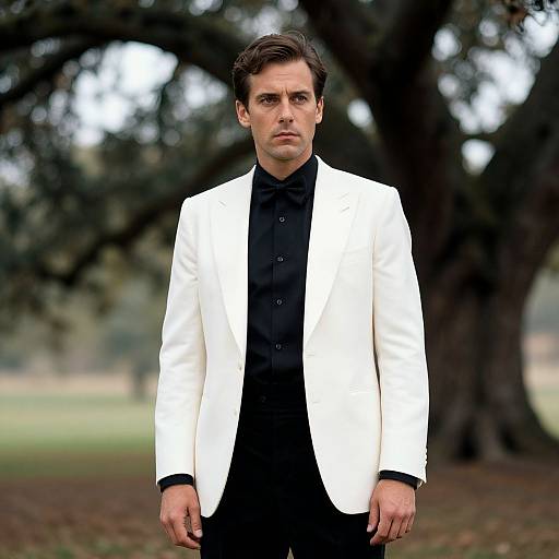Photograph of a serious-looking man with short brown hair, wearing a white tuxedo jacket over a black shirt, standing in front of a blurred