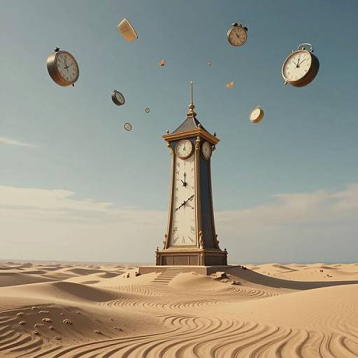 Photograph of a tall, vintage clock tower in a desert with rippling sand, surrounded by floating, suspended clocks against a clear blue sky.