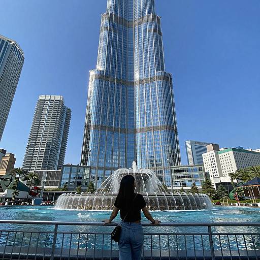 Urban Elegance: Woman by Water Fountain