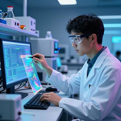 Photograph of an Asian male scientist in a white lab coat, safety glasses, and black hair, using a computer and holding a colorful data sheet in