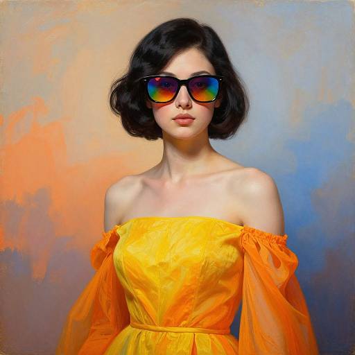 Photograph-style digital art of a fair-skinned woman with short black hair, wearing oversized rainbow-tinted sunglasses, an off-shoulder bright