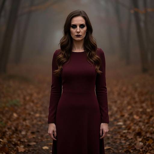 Photograph of a pale woman with long brown hair, dark lipstick, wearing a maroon long-sleeve dress, standing in a foggy,