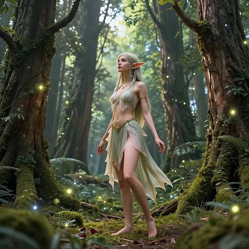 Digital fantasy artwork of a slender, elven woman with long white hair, pointed ears, and green leafy dress, standing in a mystical forest illuminated