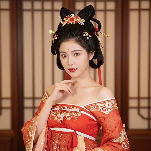 Photograph of an Asian woman with fair skin, black hair in an ornate updo, wearing a red and gold floral kimono, and traditional