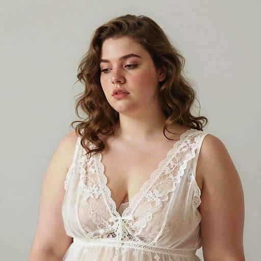 Photograph of a curvy woman with wavy brown hair, wearing a white lace, deep V-neck dress, looking slightly to the side against a