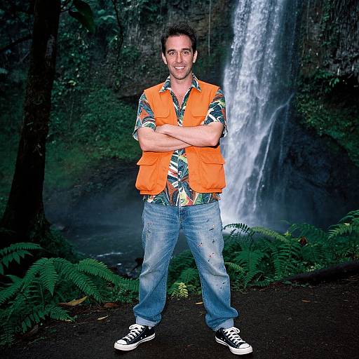 Photograph of a smiling man with short dark hair, wearing an orange vest, floral shirt, blue jeans, and black sneakers, standing in front of