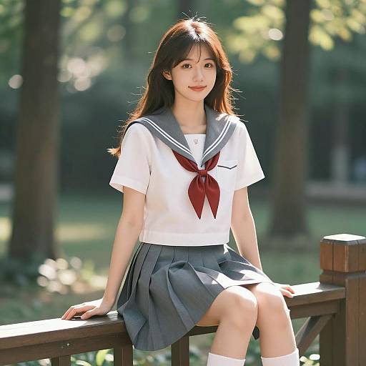 Young woman in sailor school uniform sitting outdoors