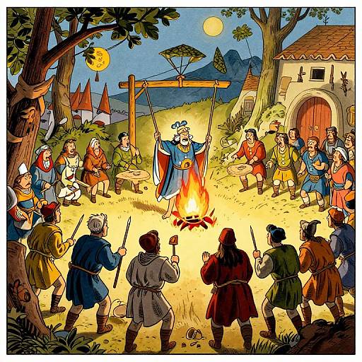 Colorful illustration of a medieval village scene: a knight in blue armor addresses a group of villagers around a campfire under a yellow moon. Soldiers with