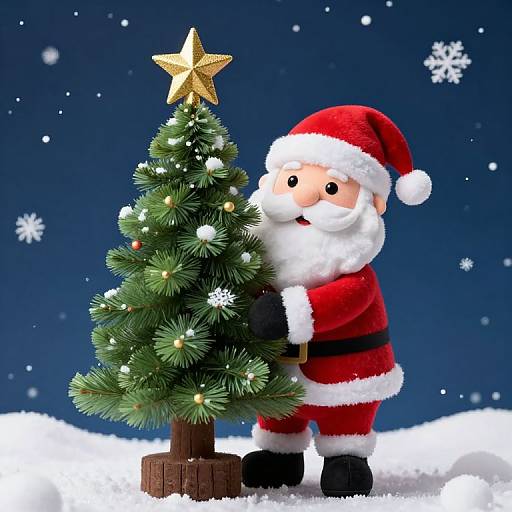 Photograph of a cartoon Santa Claus with a red hat and suit, standing next to a decorated Christmas tree with a gold star, in a snowy night