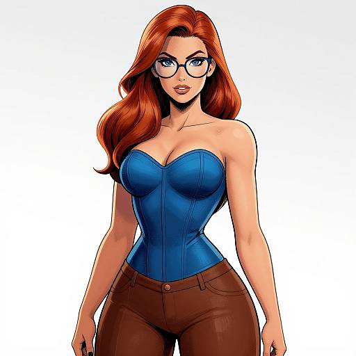 Digital comic-style illustration of a sexy, red-haired woman with glasses, wearing a blue strapless corset and brown pants, standing against a plain white