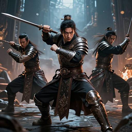 CGI image of three fierce samurai in detailed, black armor with topknots, wielding swords in a smoky, fiery urban battlefield.