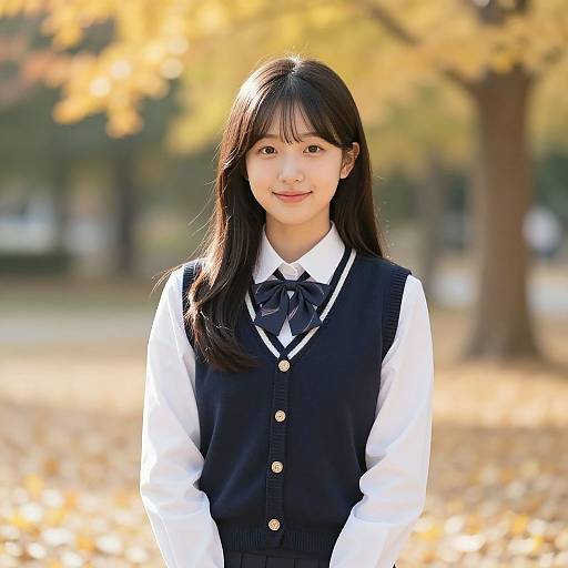Photograph of a young Japanese woman with straight black hair, wearing a black sleeveless sweater over a white shirt with a black bow tie, standing in