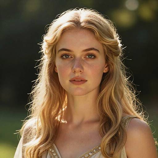 Photograph of a young woman with long, wavy blonde hair, blue eyes, and fair skin, wearing a sleeveless, gold-accented