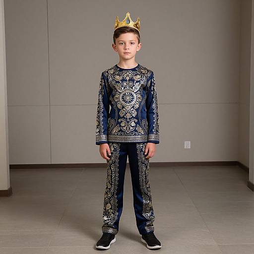 Photograph of a young boy with short brown hair, wearing a gold crown, blue embroidered long-sleeve shirt, matching pants, and black sneakers