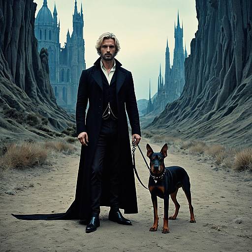 Elegant Blonde Vampire with Doberman in Sci-Fi Landscape