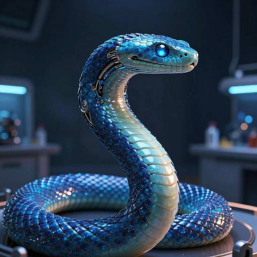 Digital artwork of a luminous blue and silver snake with glowing eyes coiled on a reflective surface in a dark, futuristic laboratory.