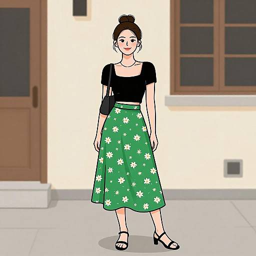 Digital drawing of a smiling woman with dark hair in a bun, wearing a black top, green floral skirt, black sandals, and carrying a black shoulder