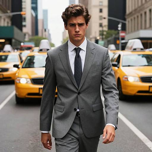 Photograph of a handsome, serious-looking man with dark brown hair, wearing a gray suit, white shirt, and black tie, walking on a busy