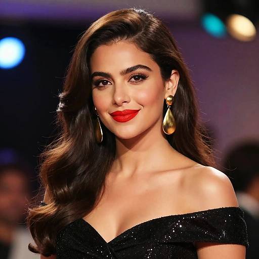 Photograph of a beautiful, dark-haired woman with red lipstick, wearing an off-shoulder black sequin dress and gold teardrop earrings,