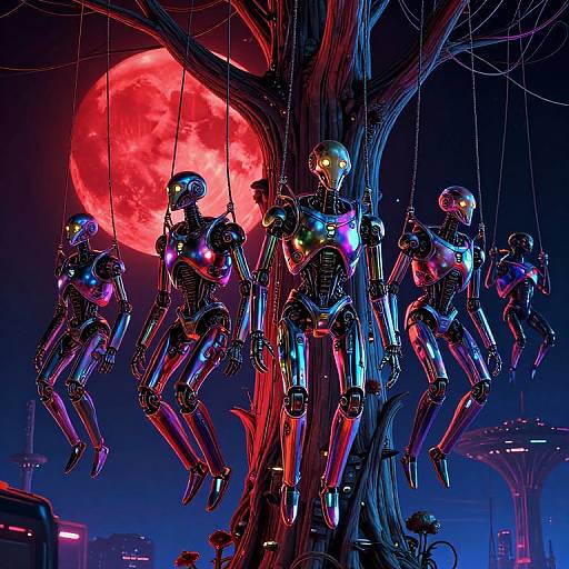 Neon-lit robotic dolls hanging from a tree under a glowing red moon in a futuristic cityscape. Digital art, vibrant, cyberpunk style.
