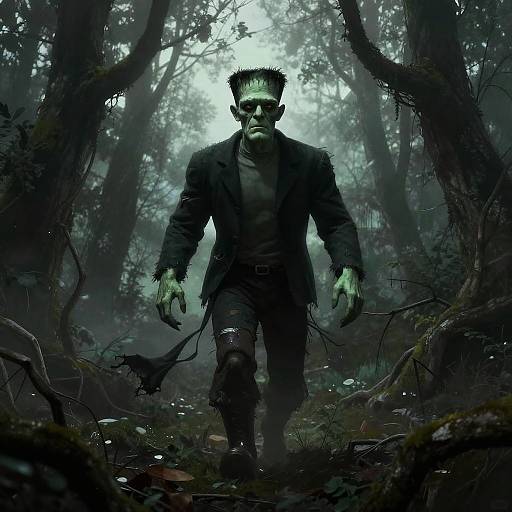 Digital artwork of a green-skinned, muscular Frankenstein monster with spiky hair, torn black suit, and glowing eyes, walking through a dark,
