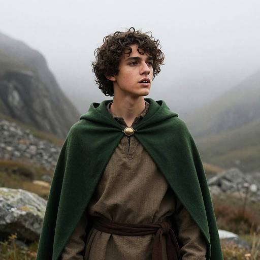 Young Man in Misty Mountain Landscape