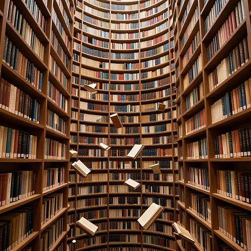Photograph of a grand, curved library with wooden shelves filled with colorful books, illuminated by floating white reading lights.