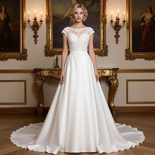 Photograph of a blonde woman in a white lace and satin wedding dress, standing in a grand, ornately decorated room with gold-framed paintings and