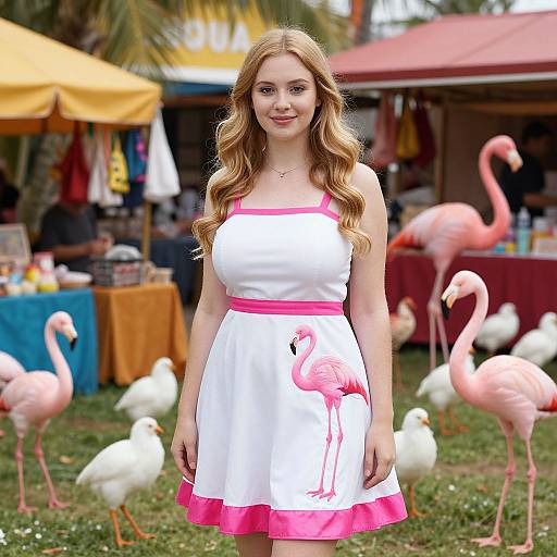 Photograph of a young blonde woman with wavy hair, wearing a white dress with pink trim and flamingo print, standing in a lively outdoor market