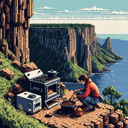 8-bit Rock Climber Cooking on Cliffside