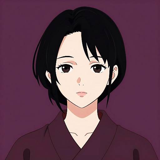 Digital anime-style portrait of a young woman with short black hair, large dark eyes, pale skin, and a dark purple kimono, set against a