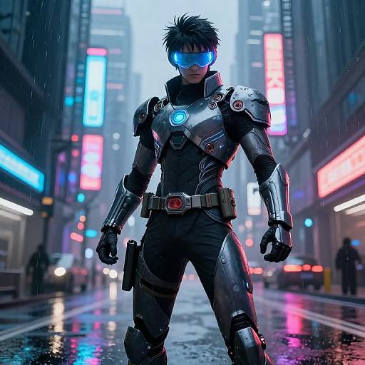 Digital artwork of a futuristic, cybernetic superhero with glowing blue visor, neon-lit city street, rain, wet pavement, and vibrant neon