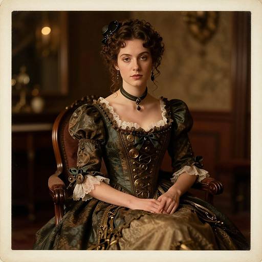 Photograph of a young woman with curly brown hair in an elaborate Victorian-era green dress with lace, black choker, and ornate chair. Warm