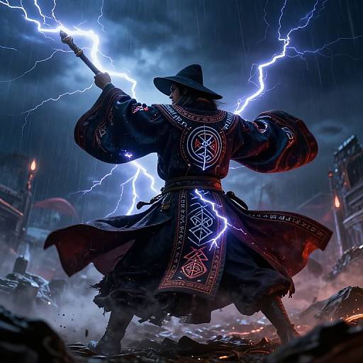 Digital fantasy artwork of a wizard in black robes with occult symbols, wielding a lightning-infused staff, standing amidst a stormy, ruined cityscape.
