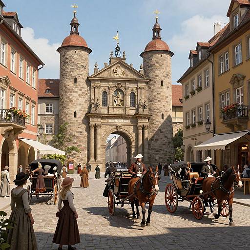 Photograph of a sunny, historical European square with stone towers, horse-drawn carriages, Victorian-style people, and colorful buildings.