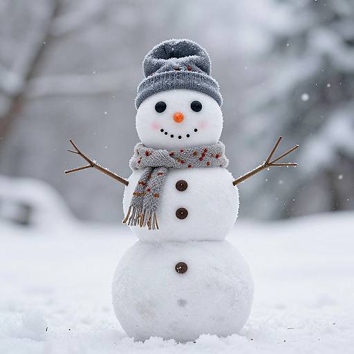 Photograph of a cheerful snowman with a grey knit hat, red scarf, black buttons, stick arms, and orange carrot nose, standing in a