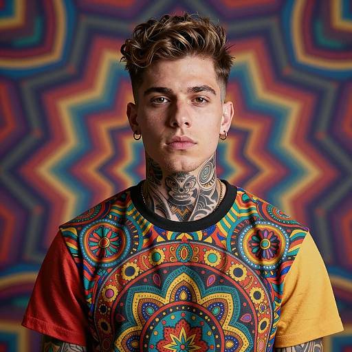 Portrait of Young Man with Tattoos and Colorful Shirt