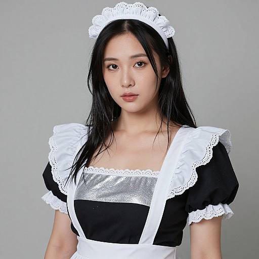 Photograph of an Asian woman with long black hair, wearing a black and white French maid outfit with lace trim, against a plain gray background.