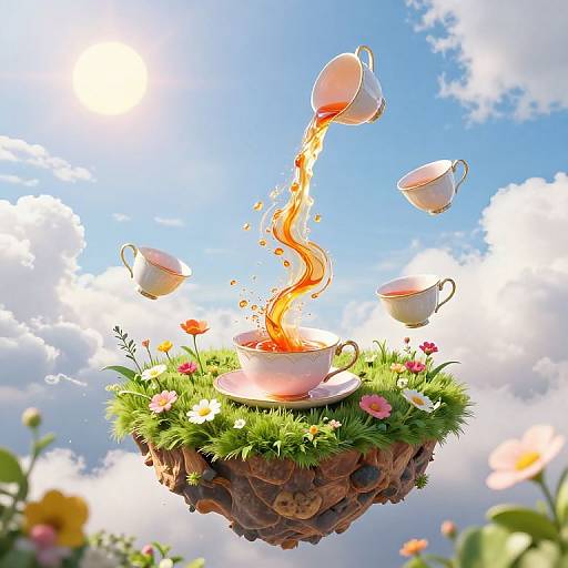 Whimsical digital artwork of a floating teacup island with tea flowing upward, surrounded by floating teacups, vibrant flowers, and a sunny