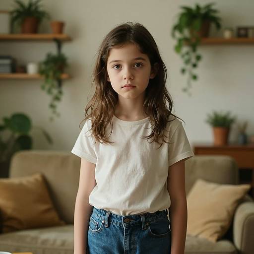 Photograph of a young girl with long brown hair, wearing a white t-shirt and blue jeans, standing in a cozy living room with potted plants