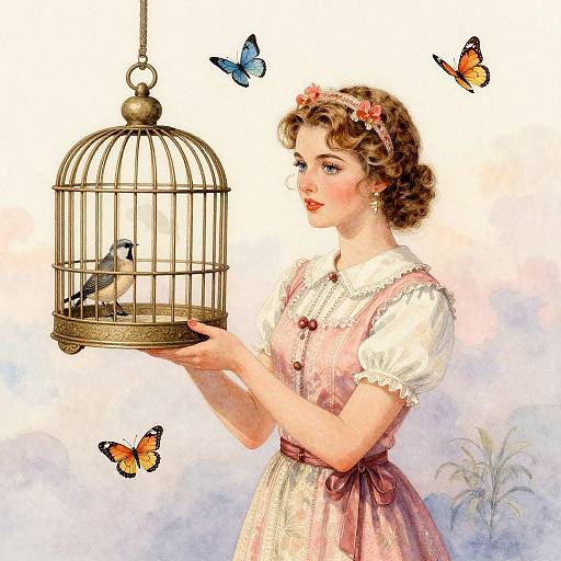 Vintage-style drawing of a fair-skinned woman with curly brown hair, wearing a pink dress and flower headband, holding a birdcage with a