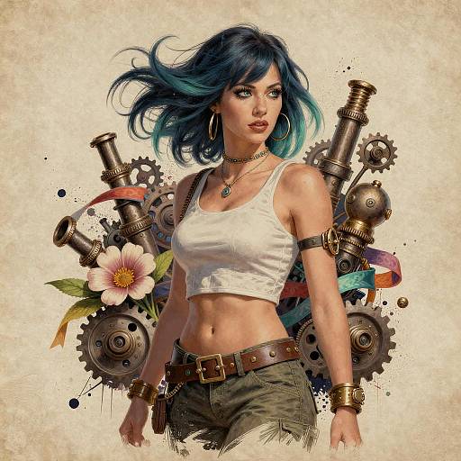 Intricate Diesel-Punk Portrait with Flowers