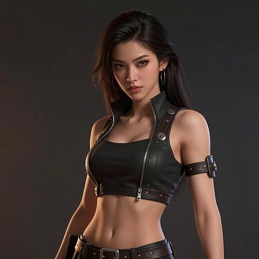 Confident Woman in Detailed Black Leather Outfit