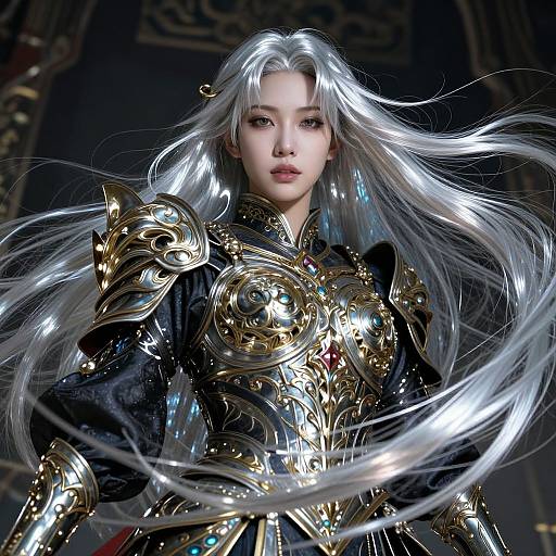 Digital art of a silver-haired woman in intricate, gold and black armored attire, with flowing hair, standing confidently in a dark, ornate background.